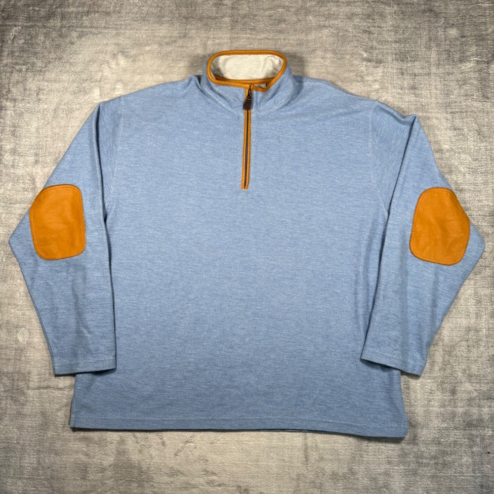 Orvis Sweatshirt Mens 2XL Blue Quarter Zip Pullover Elbow Patches Preppy Tech